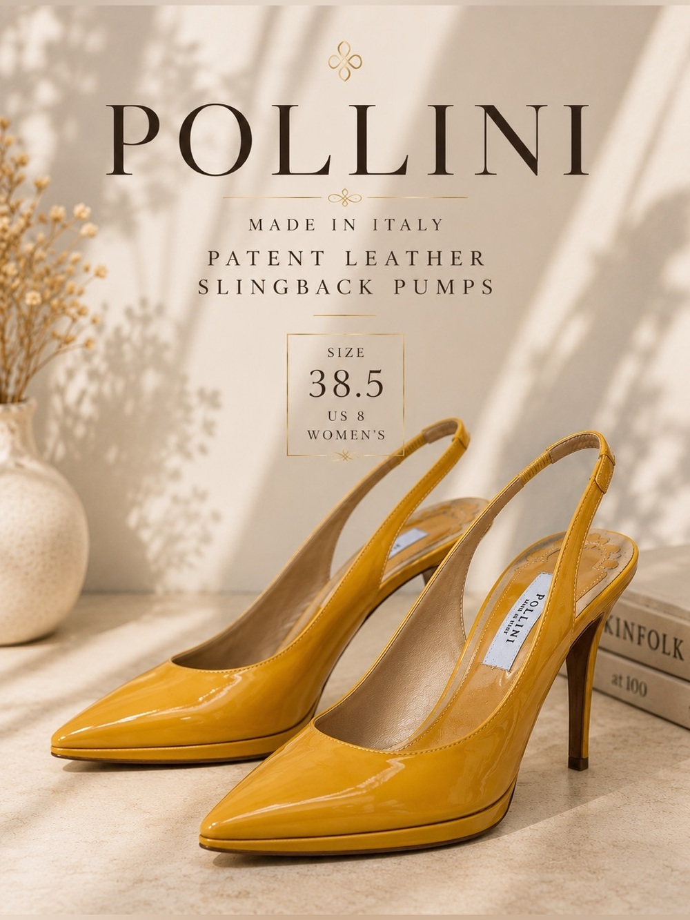Pollini Mustard Patent Leather Slingback Pumps Size 38.5 Made in Italy